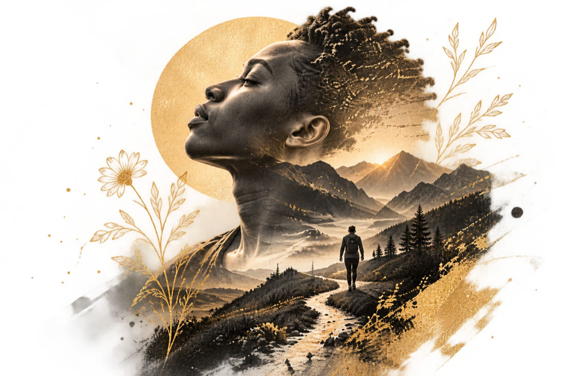 Illustration of a person and a winding path representing an individual journey.